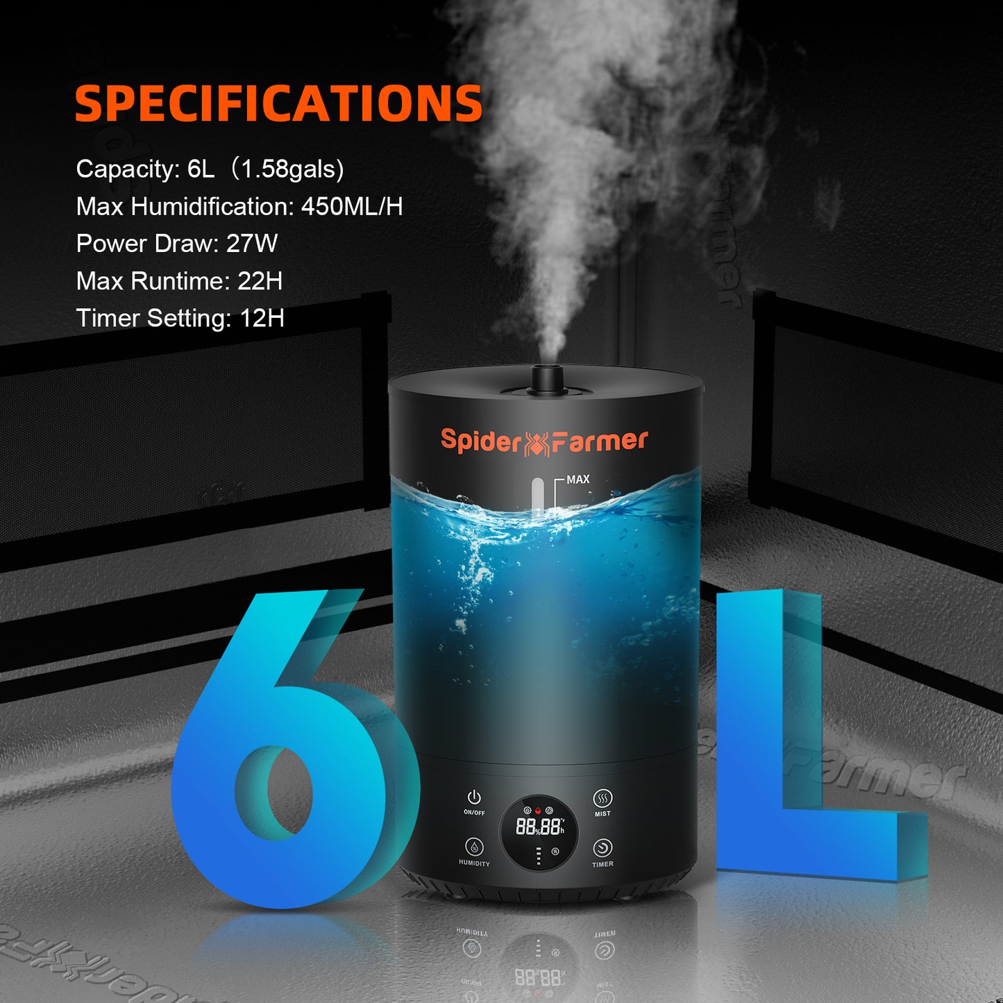 6L Cool Mist Humidifier Ultrasonic with Temperature & Humidity Probe for Plants Indoor Grow Tent
