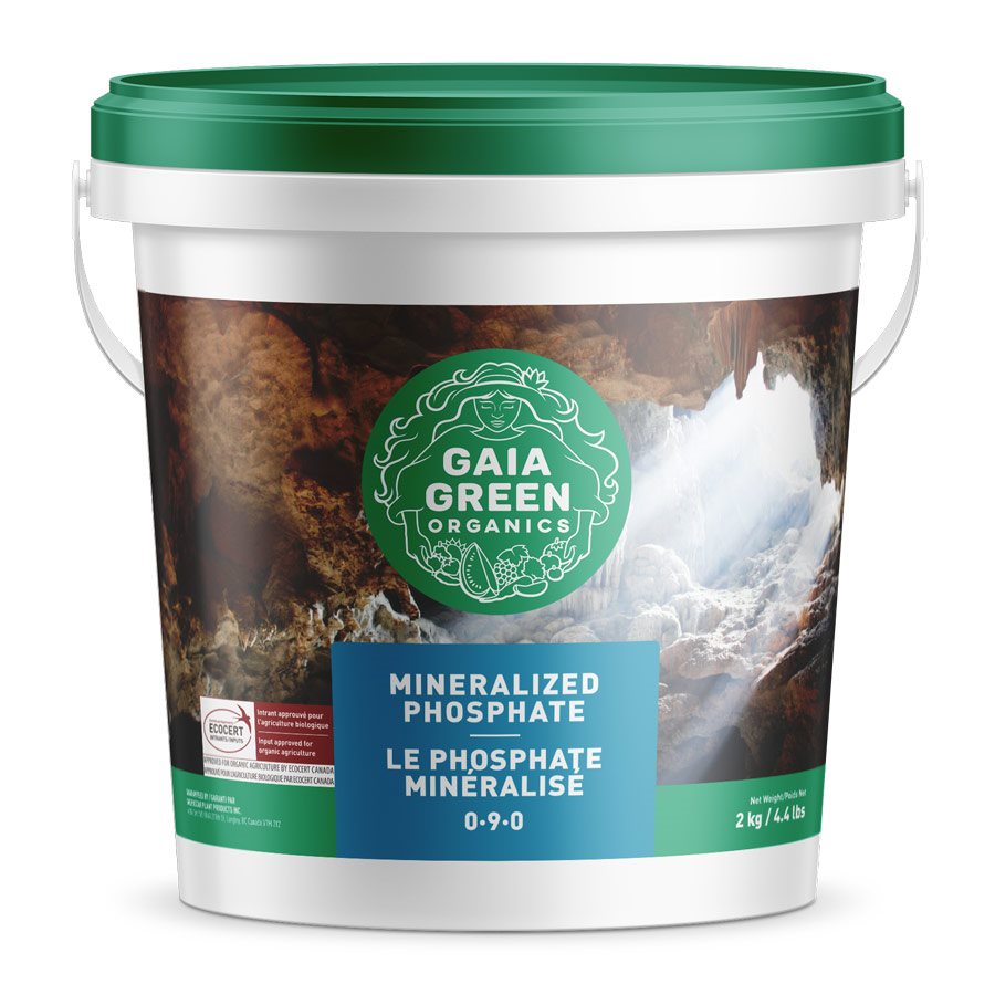Close-up of Gaia Green Mineralized Phosphate 0-9-0 showing organic phosphorus fertilizer for strong plant growth and flowering