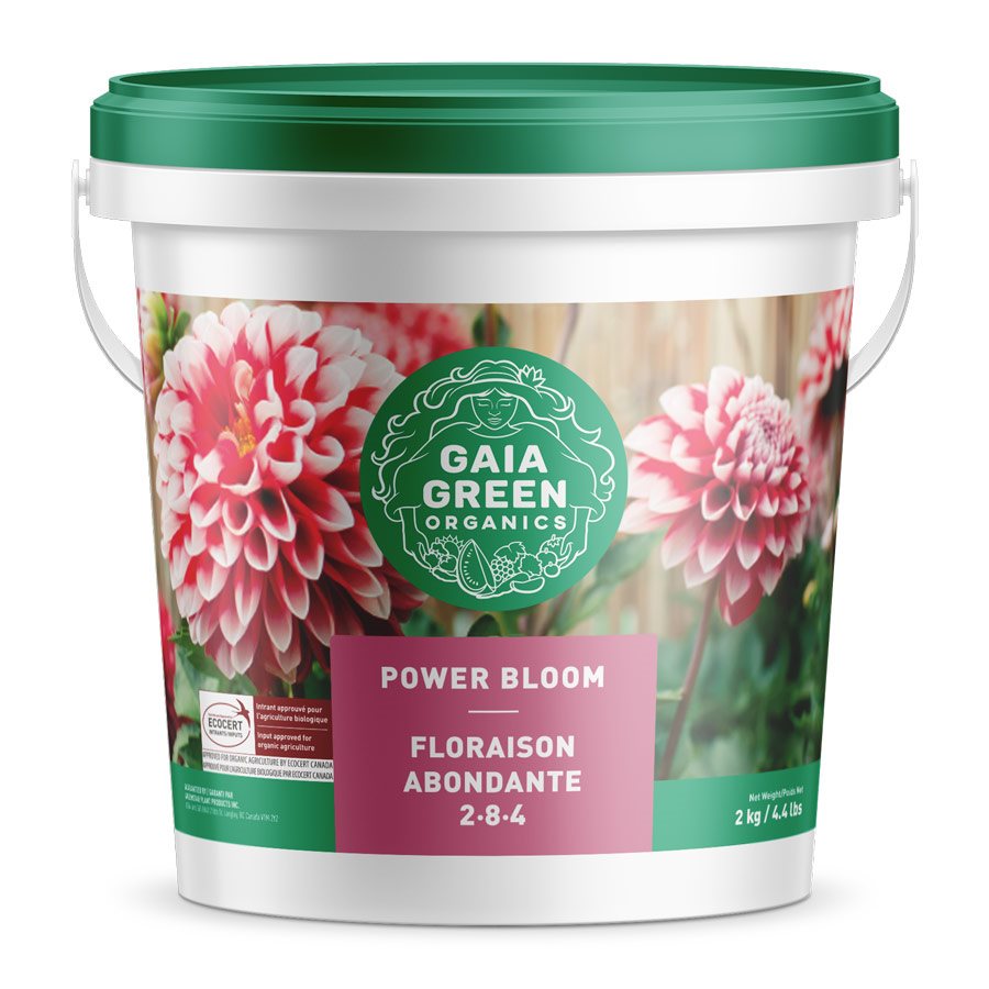 Close-up of Gaia Green Power Bloom 2-8-4 organic bloom fertilizer showing phosphorus and potassium content for plant flowering