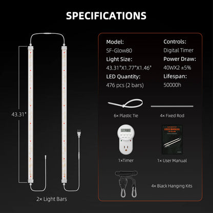Glow80 80W LED Grow Light Bars – Full Spectrum, IP65 Waterproof, Linkable Lamps for Indoor Plants, Succulents, Cloning, Veg & Bloom