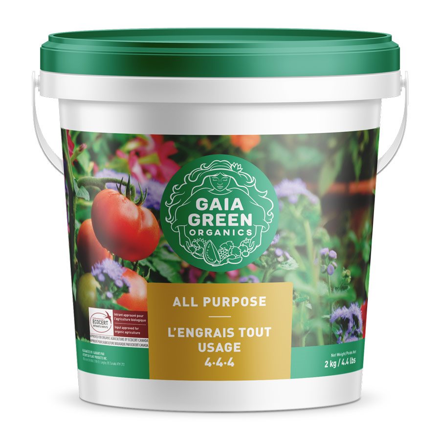 Gaia Green All Purpose 4-4-4 dry amendment fertilizer displayed at Buds and Blossoms garden supply store