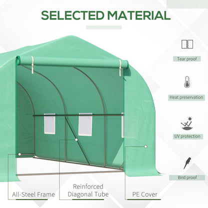 Outsunny 15' x 10' x 7' Walk-in Greenhouse Outdoor Plant Tunnel Warm Hot House w/ Roll Up Door and 6 Mesh Windows, Steel Frame, Green