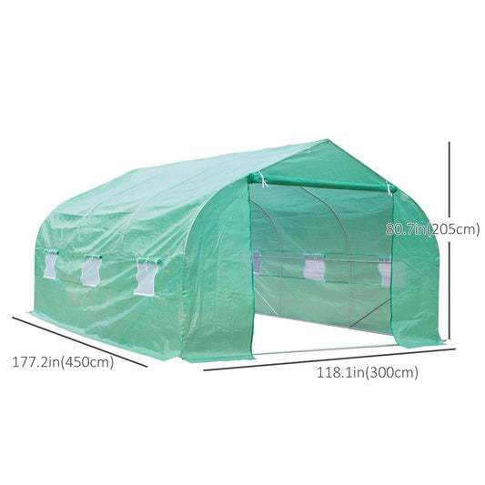Outsunny 15' x 10' x 7' Walk-in Greenhouse Outdoor Plant Tunnel Warm Hot House w/ Roll Up Door and 6 Mesh Windows, Steel Frame, Green