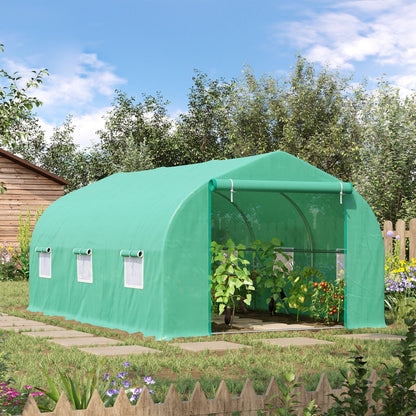 Outsunny 15' x 10' x 7' Walk-in Greenhouse Outdoor Plant Tunnel Warm Hot House w/ Roll Up Door and 6 Mesh Windows, Steel Frame, Green