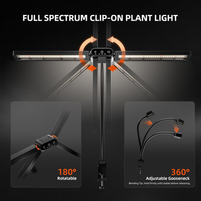 20W Clip-On Full Spectrum Grow Light for Indoor Plants, Dual Light Bars, Sunrise & Sunset, Dimmable & Timer for Houseplants, Herbs & Seedlings