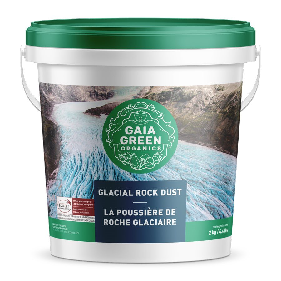 Close-up of Gaia Green Glacial Rock Dust showing mineral-rich organic soil amendment for trace minerals and plant health
