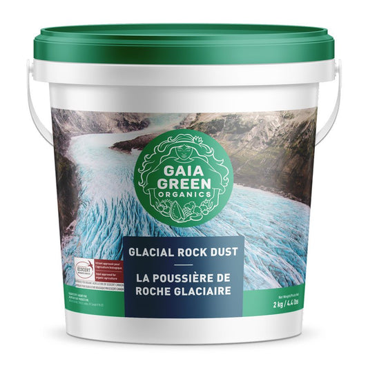 Close-up of Gaia Green Glacial Rock Dust showing mineral-rich organic soil amendment for trace minerals and plant health