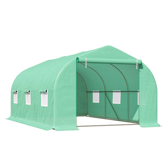 Outsunny 15' x 10' x 7' Walk-in Greenhouse Outdoor Plant Tunnel Warm Hot House w/ Roll Up Door and 6 Mesh Windows, Steel Frame, Green